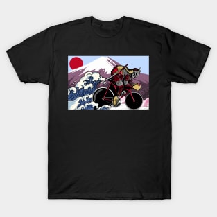 Japanese Samurai Cycling through Rushing Waves T-Shirt